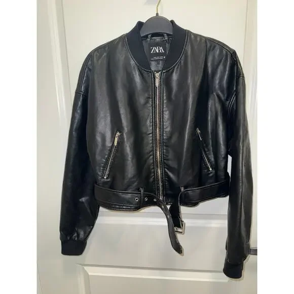 Zara Faux Leather Cropped Bomber Jacket Women Black Belted Moto Style - Picture 11 of 17